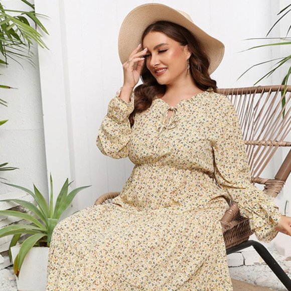 Floral Frill Trim Flounce Sleeve Plunge Maxi Dress